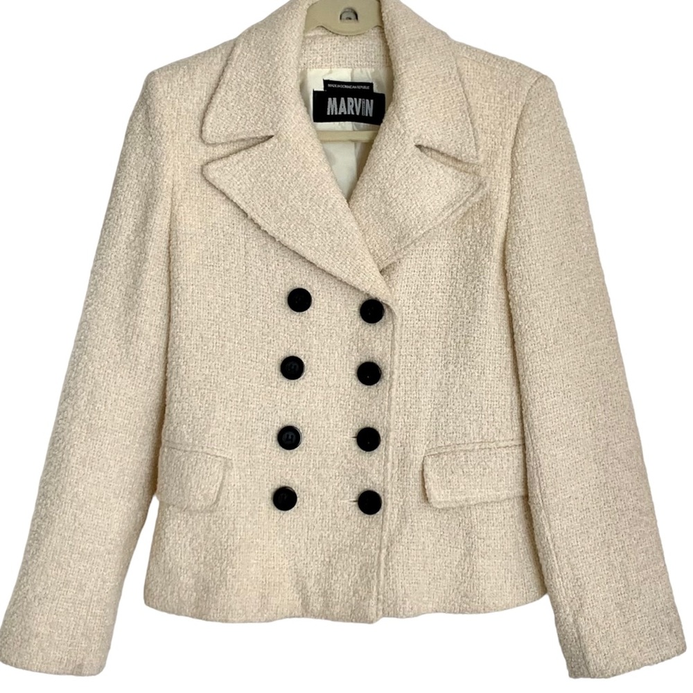 Marvin Richards Wms Sz M Ivory Wool Blend Short Pea Coat Jacket Winter White
